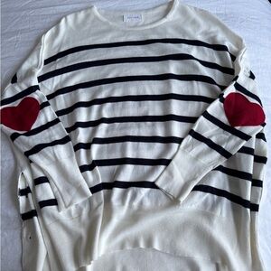 Mersea Black and White Striped Sweater with Red Heart Elbows